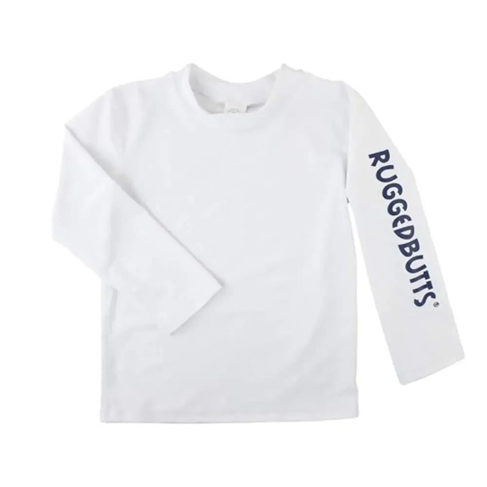 Rugged Butts Boys' UPF 50+ Logo Long Sleeve Rash Guard Swim Top White 3T